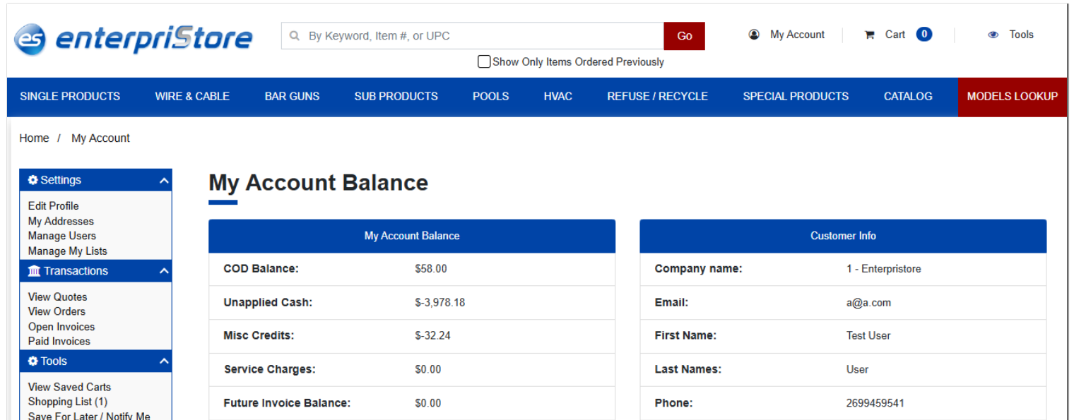 Enterpristore Account portal of customers